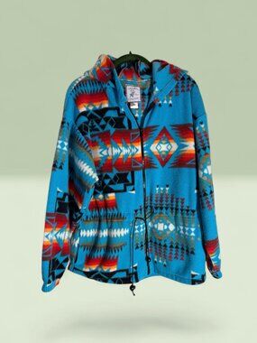 VTG Caribou Junction Turquoise Southwestern Geometric Fleece Zip Up Jacket Sz L